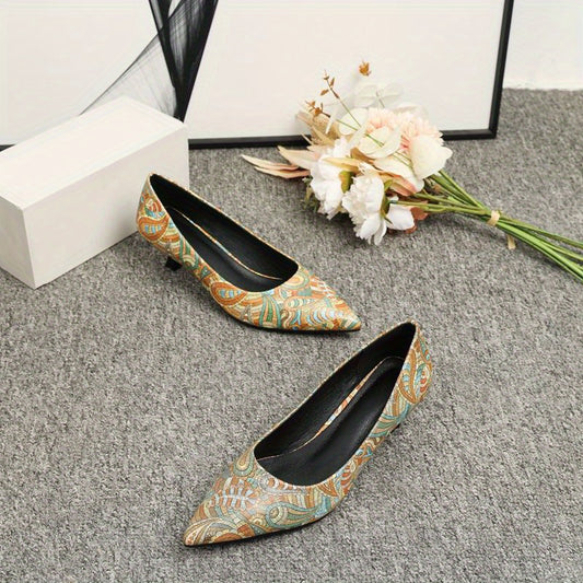 Women's Paisley Print Kitten Heels Slip On Low Heels Dressy Shoes