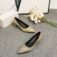 Women's Paisley Print Kitten Heels Slip On Low Heels Dressy Shoes