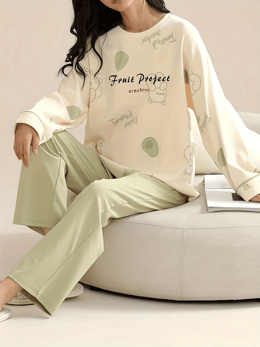 Bear Print Lounge Set Long Sleeve Top & Pants Women's Pajamas