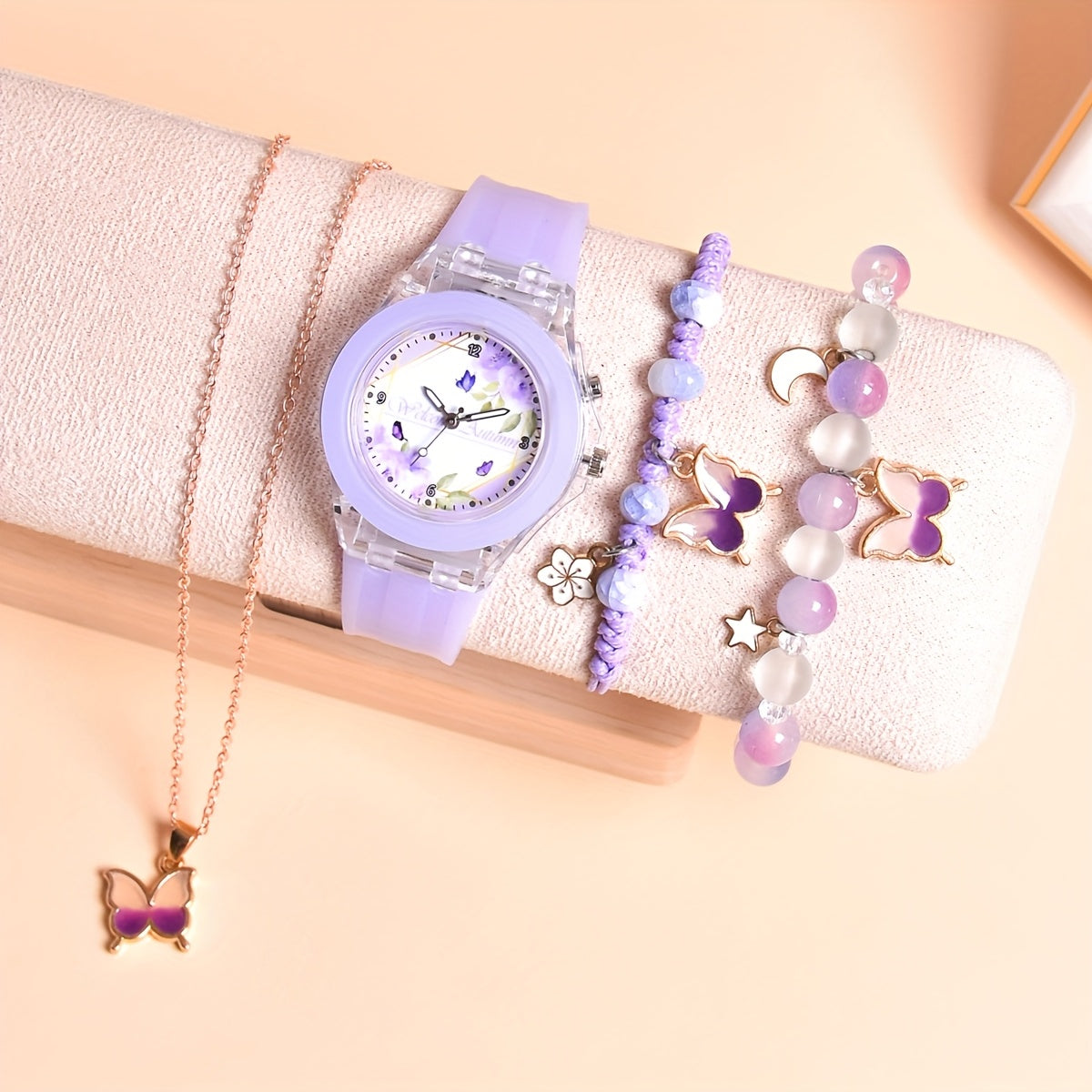 Butterfly Girl Watch Set LED Light Up Quartz Wristwatch