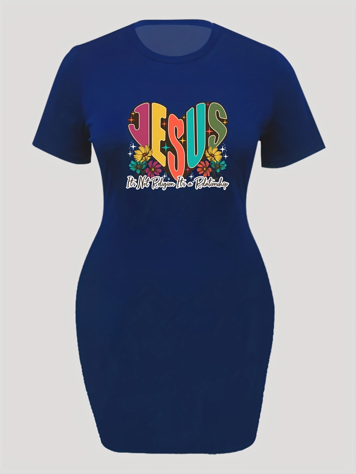  Heart & Slogan Print Short Sleeve Round Neck Dress