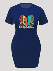  Heart & Slogan Print Short Sleeve Round Neck Dress