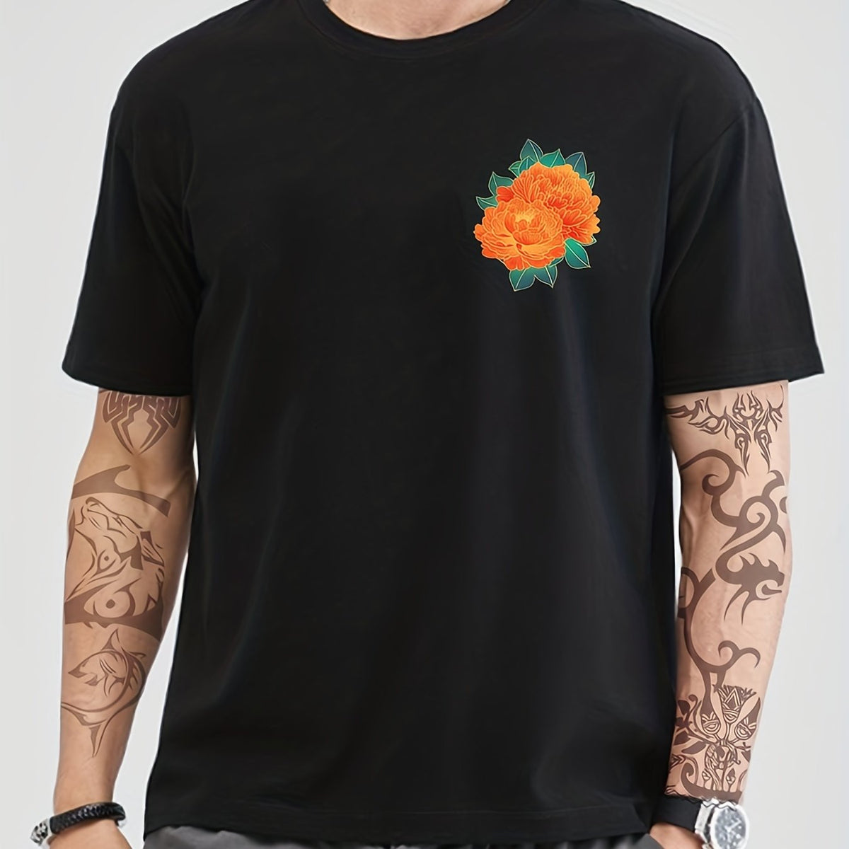 Cotton Flower Print Men's Graphic Crew Neck Tshirt Summer Casual Tees