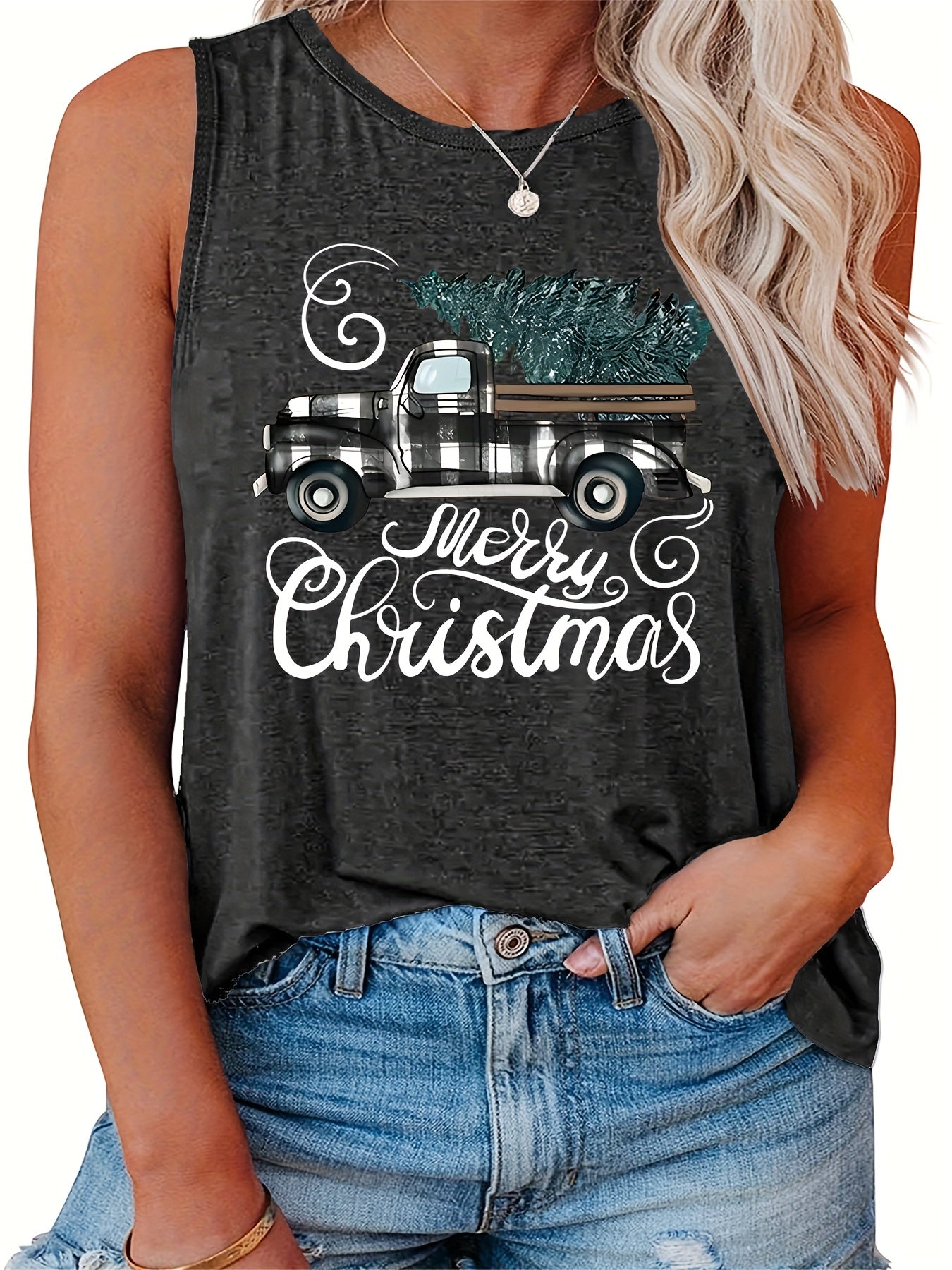 Plaid Truck Car Christmas Tree Print Tank Top