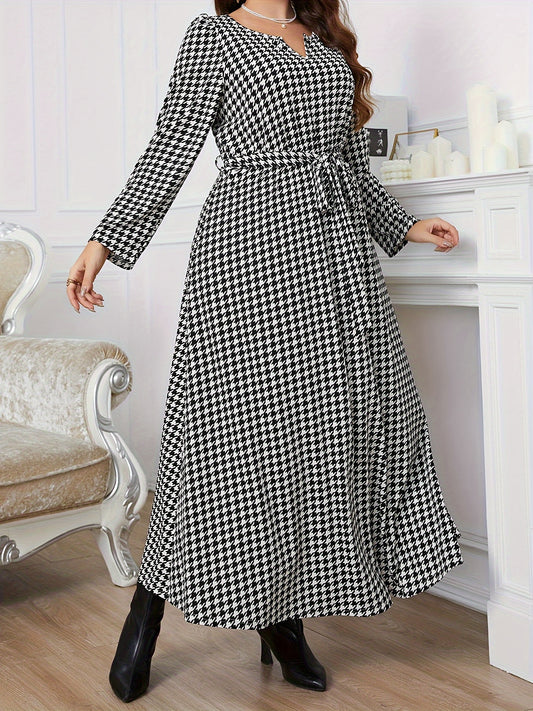 Houndstooth Print Long Sleeve Maxi Dress With Belt