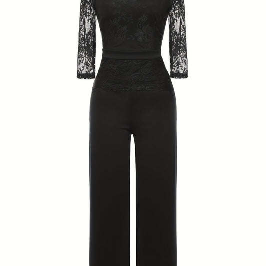 Half Sleeve Wide Leg Lace Stitching Jumpsuit Women's Clothing