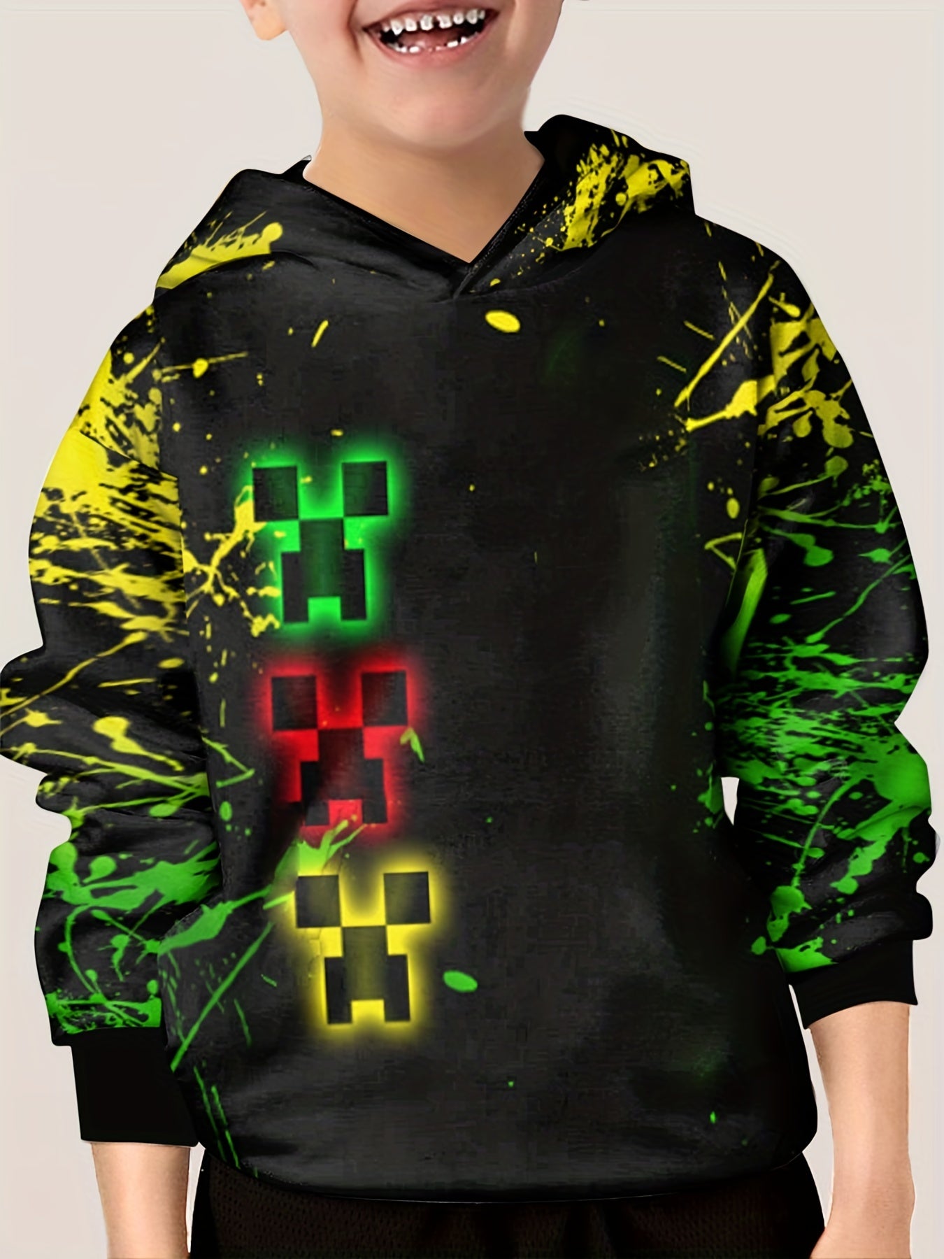 Cartoon Face & Paint Pattern Hoodie For Kids Casual Hooded Long Sleeve Top