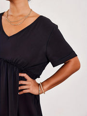  Solid Short Sleeve V Neck A line Mini Dress