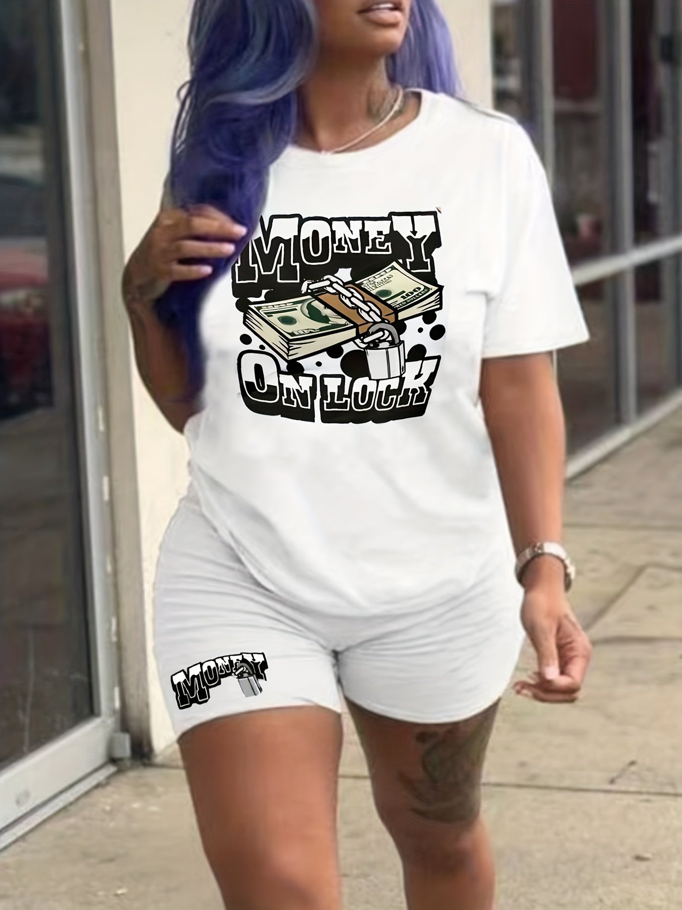 Money On Lock Print 2pc Shorts Set Short Sleeve T Shirt & Shorts