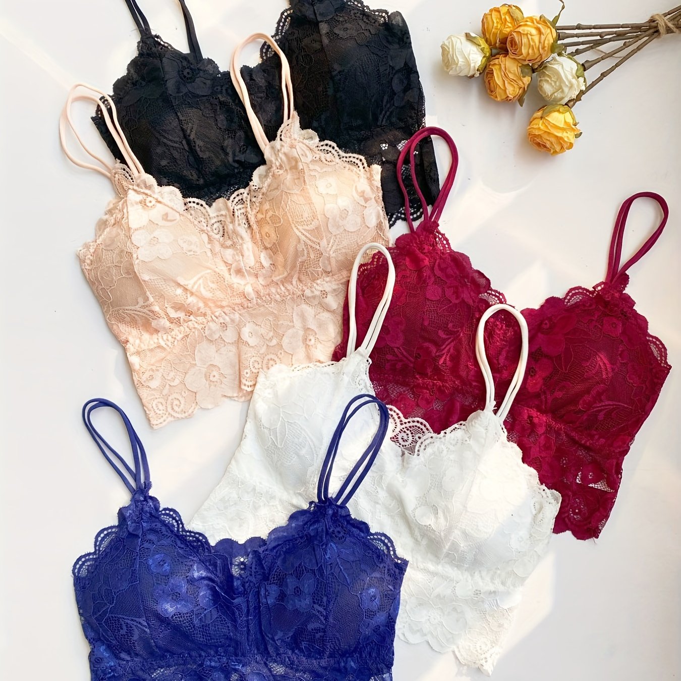 Floral Lace Scallop Trim Bralettes Double Straps Chest Pad Lingerie