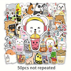 50pc Cute Milk Tea Pattern Waterproof Stickers for Water Bottles & Laptops