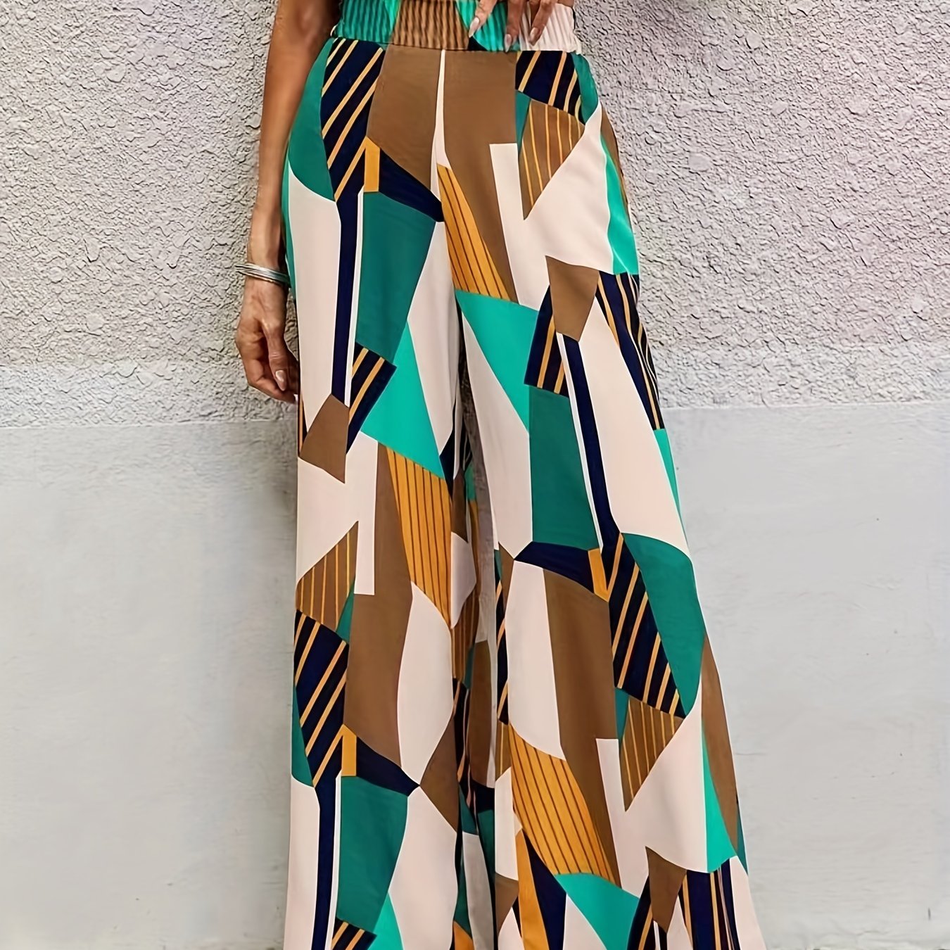 Colorblock Geometric Print Wide Leg Pants