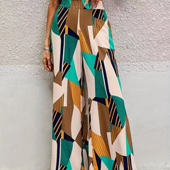 Colorblock Geometric Print Wide Leg Pants