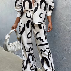  Graffiti Print Long Sleeve Blouse & Wide Leg Pants Set