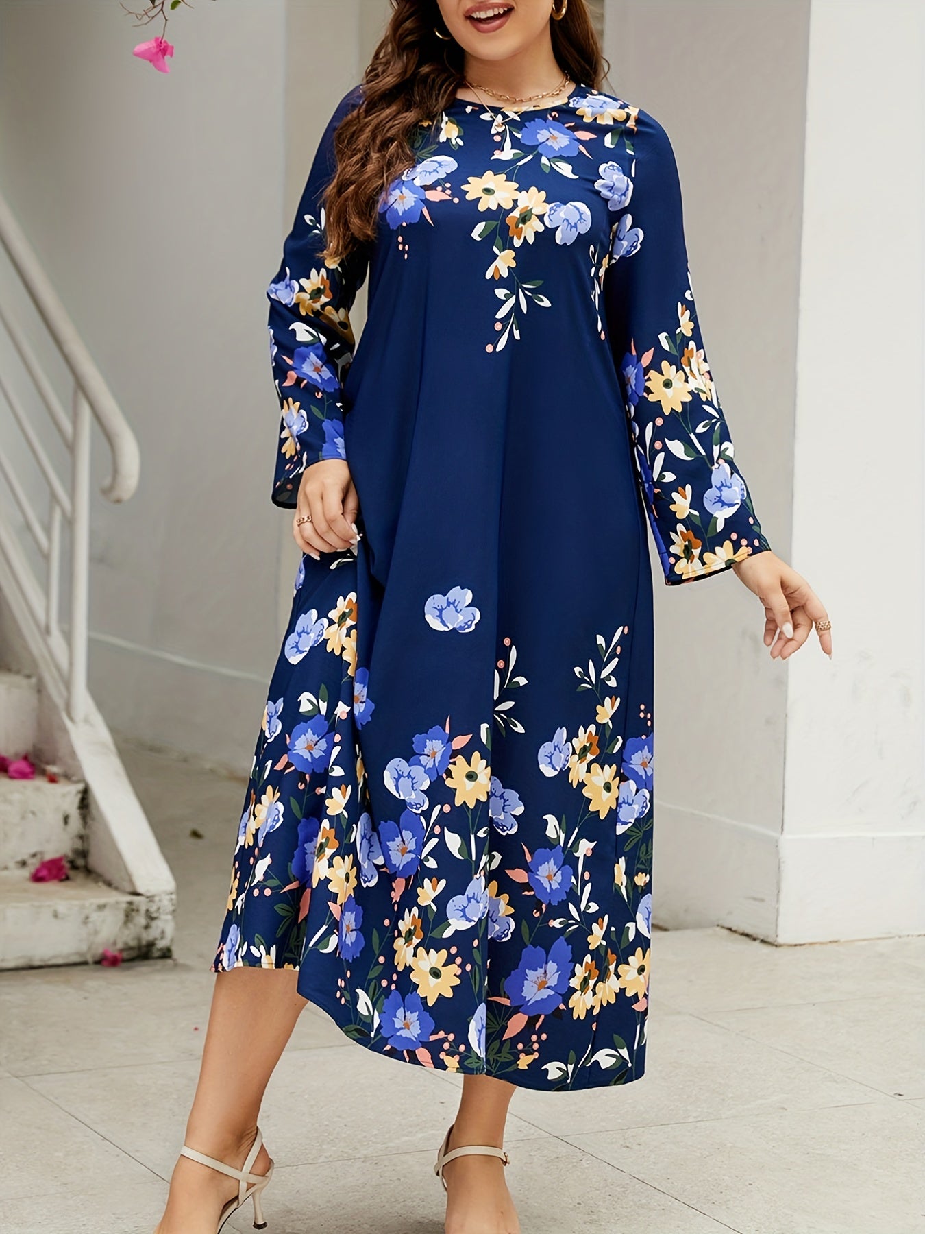  Floral Print Long Sleeve Maxi Dress