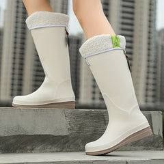 Women's Fleece Liner Slip-on Rain Boots Waterproof High Boots