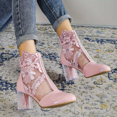 Pink Flower Lace Ankle Boots with Clear Heel