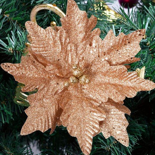 4pcs Christmas Flower Head - 24cm Artificial, Flashing Silvery Gold Brown