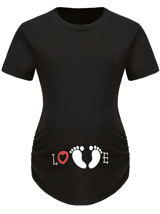 Maternity Crew Neck Ruched T Shirt LOVE Graphic Short Sleeve Top