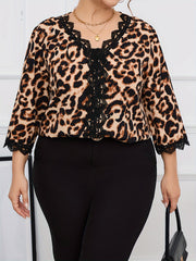  Leopard Print Lace Trim V Neck Blouse