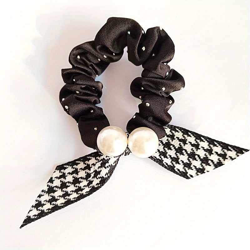 Houndstooth Bow Scrunchies Pearl Hair Rope Ponytail Holder Hair Accessories