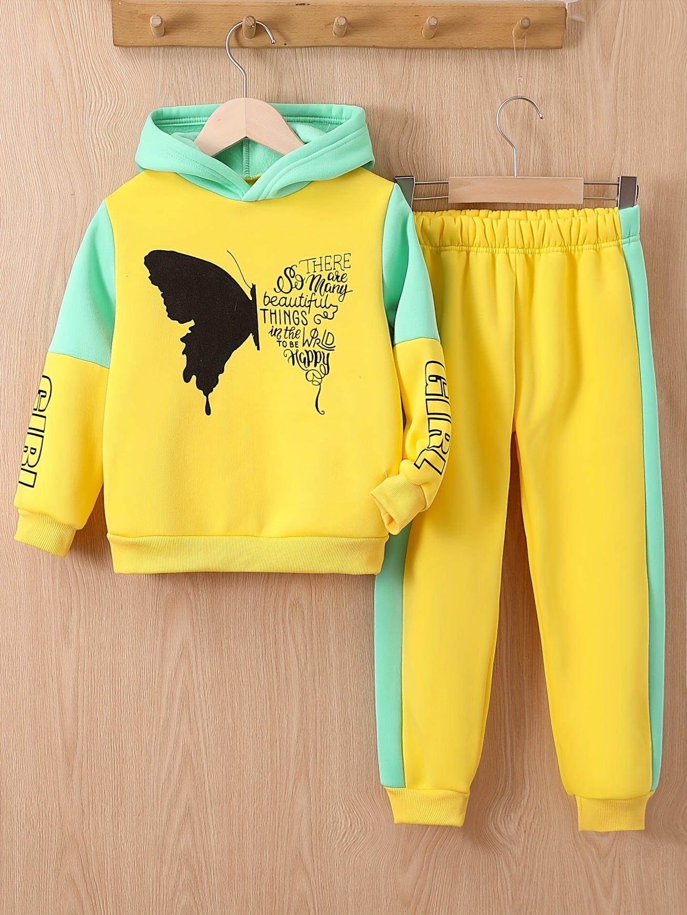 Girls Butterfly Print Fleece Hooded Sweatshirt And Trousers Set