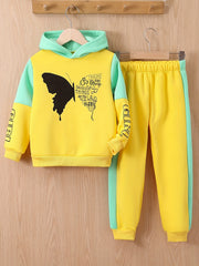 Girls Butterfly Print Fleece Hooded Sweatshirt And Trousers Set