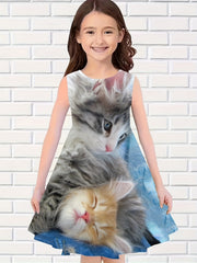 Casual Kitty Print Dress Girls Summer Party Gift