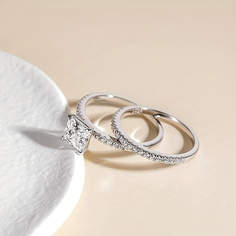 Moissanite Sterling Silver Bridal Ring Set - Princess Cut CZ Engagement Rings