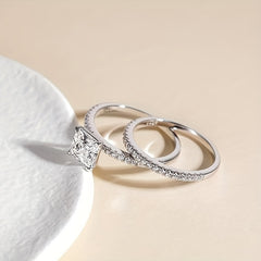 Moissanite Sterling Silver Bridal Ring Set - Princess Cut CZ Engagement Rings