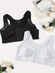 2pcs Wireless Bras Front Buckle Mesh Contrast Comfy & Breathable