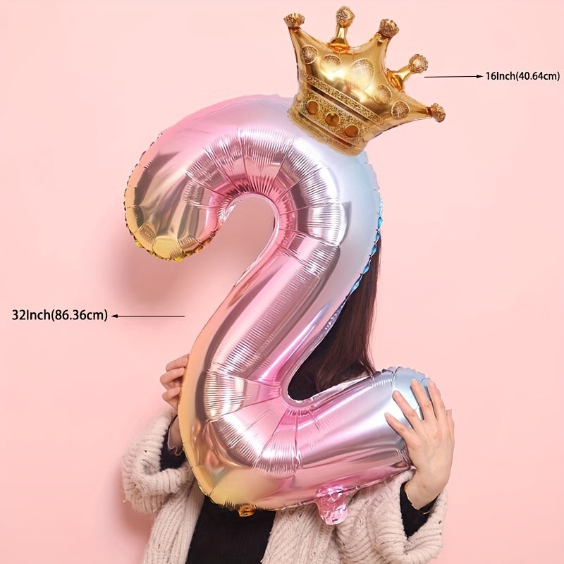 2pcs 32in Foil Gradient Number Balloons + Crown Balloon Set - Party Decor