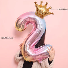 2pcs 32in Foil Gradient Number Balloons + Crown Balloon Set - Party Decor