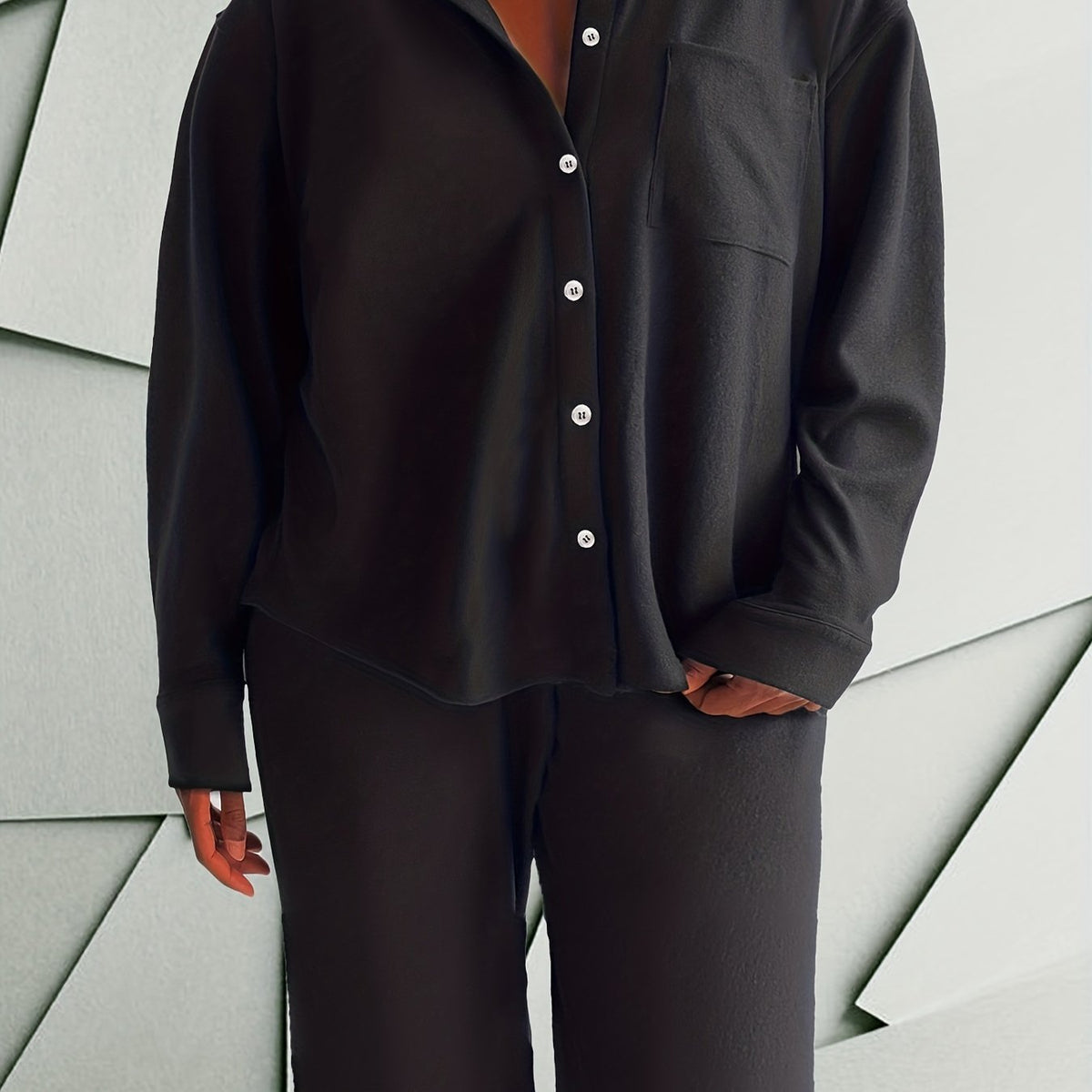  Women's Solid Long Sleeve Shirt & Pants Outfit Set