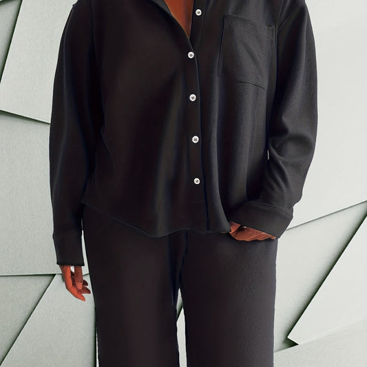  Women's Solid Long Sleeve Shirt & Pants Outfit Set
