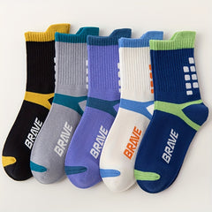 5 Pairs Boy's Striped Crew Socks Cotton Blend Comfy Casual Unisex Socks