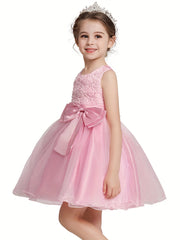 Girl Bow Waist Party Dress Sleeveless Mesh Tutu Skirt Evening Dress