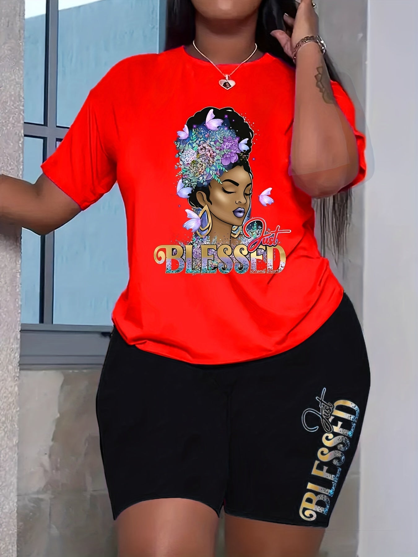 Blessed Girl Print 2 Pieces Set Crew Neck Short Sleeve T-shirt & Bodycon Shorts