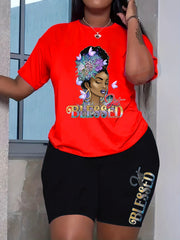 Blessed Girl Print 2 Pieces Set Crew Neck Short Sleeve T-shirt & Bodycon Shorts
