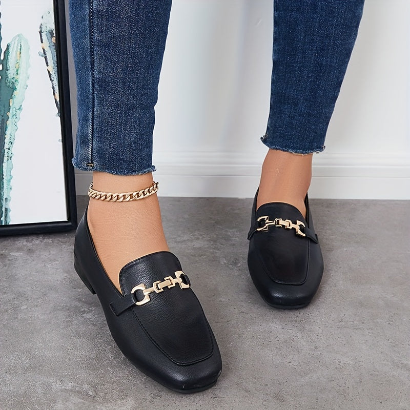 Women's Square Toe Low Heel Loafers with Buckle, Soft Sole Slip On Shoes