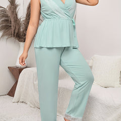 Lace Waist Peplum Top & Pants Pajama Set