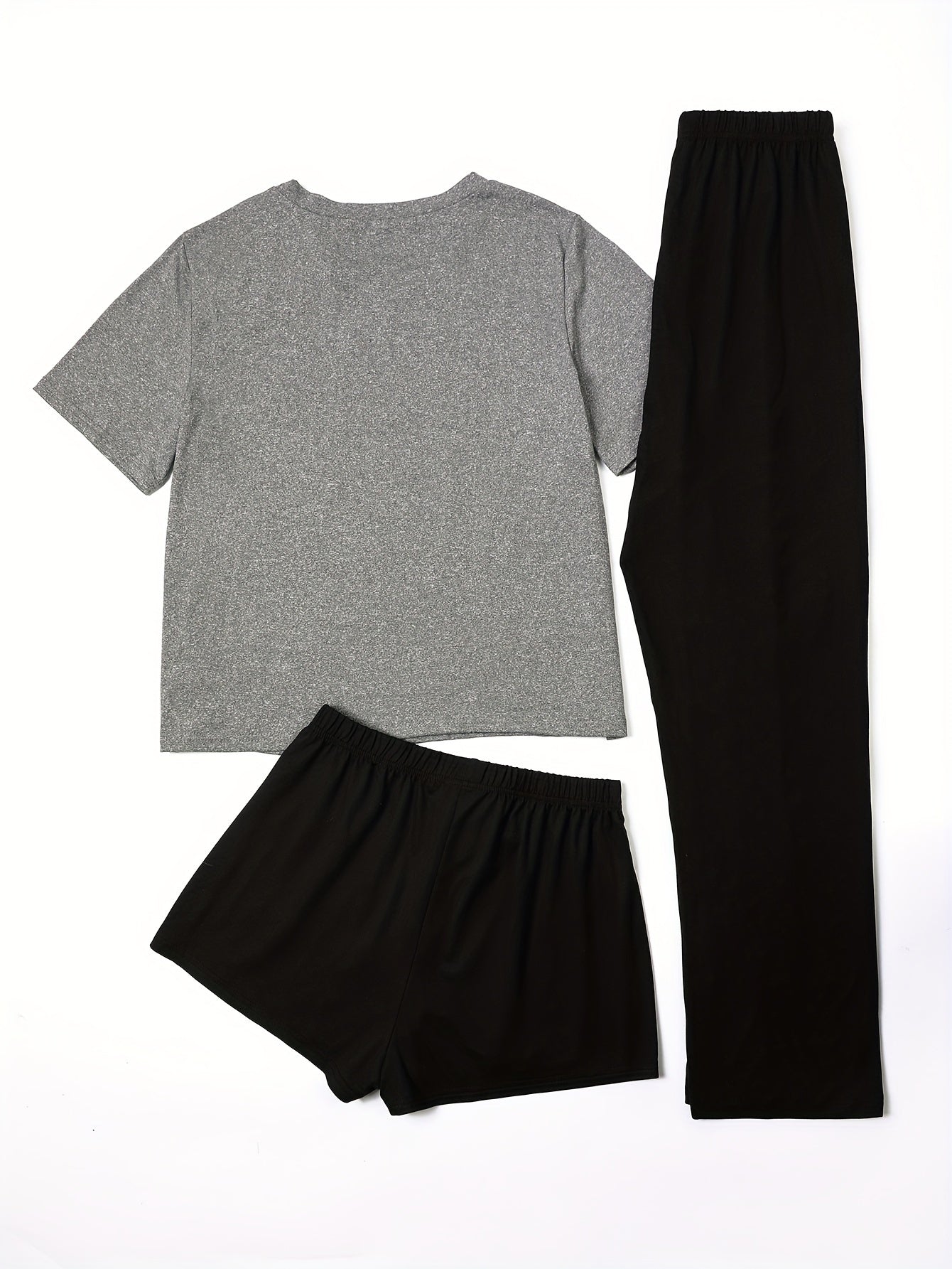  Letter Graphic Tee & Shorts & Pants Pajama Set