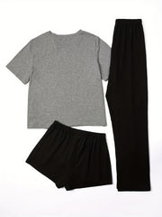  Letter Graphic Tee & Shorts & Pants Pajama Set