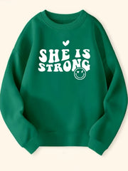 Girls Strong Smile Pattern Sweatshirt Round Neck Long Sleeve Top Pullover