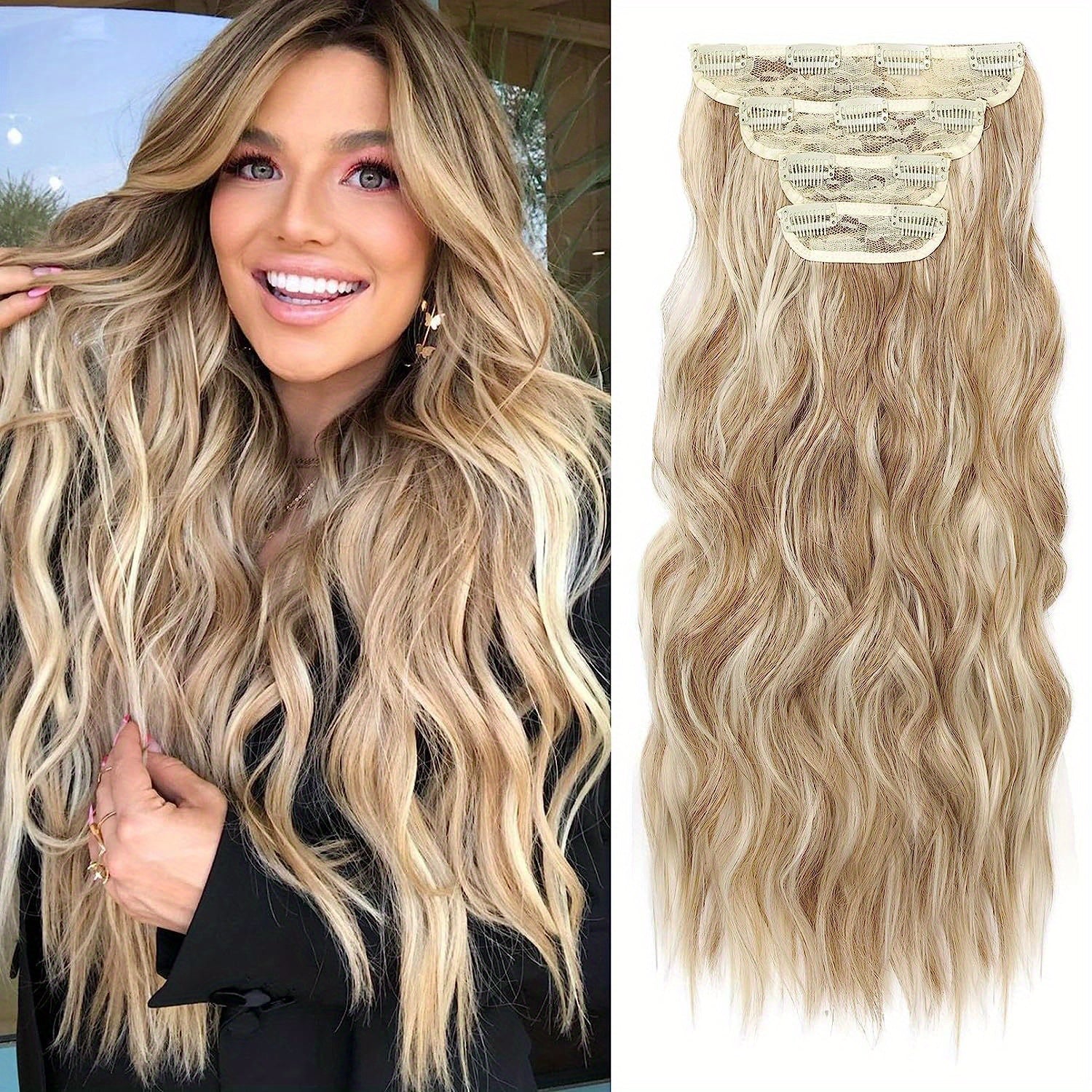 4pcs Dark Blonde Light Blonde Ends Clip In Hair Extensions Soft Synthetic