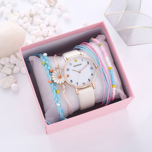 Girls Flower Quartz Watch Daisy Bracelet Set
