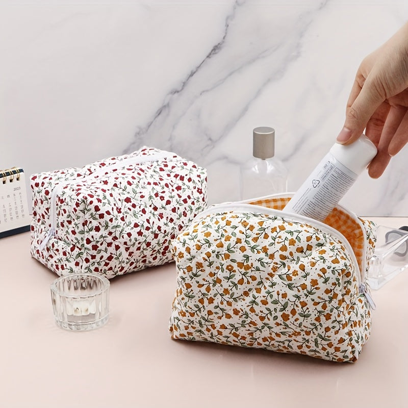 Floral Cotton Makeup Toiletry Bag Zippered Pouch