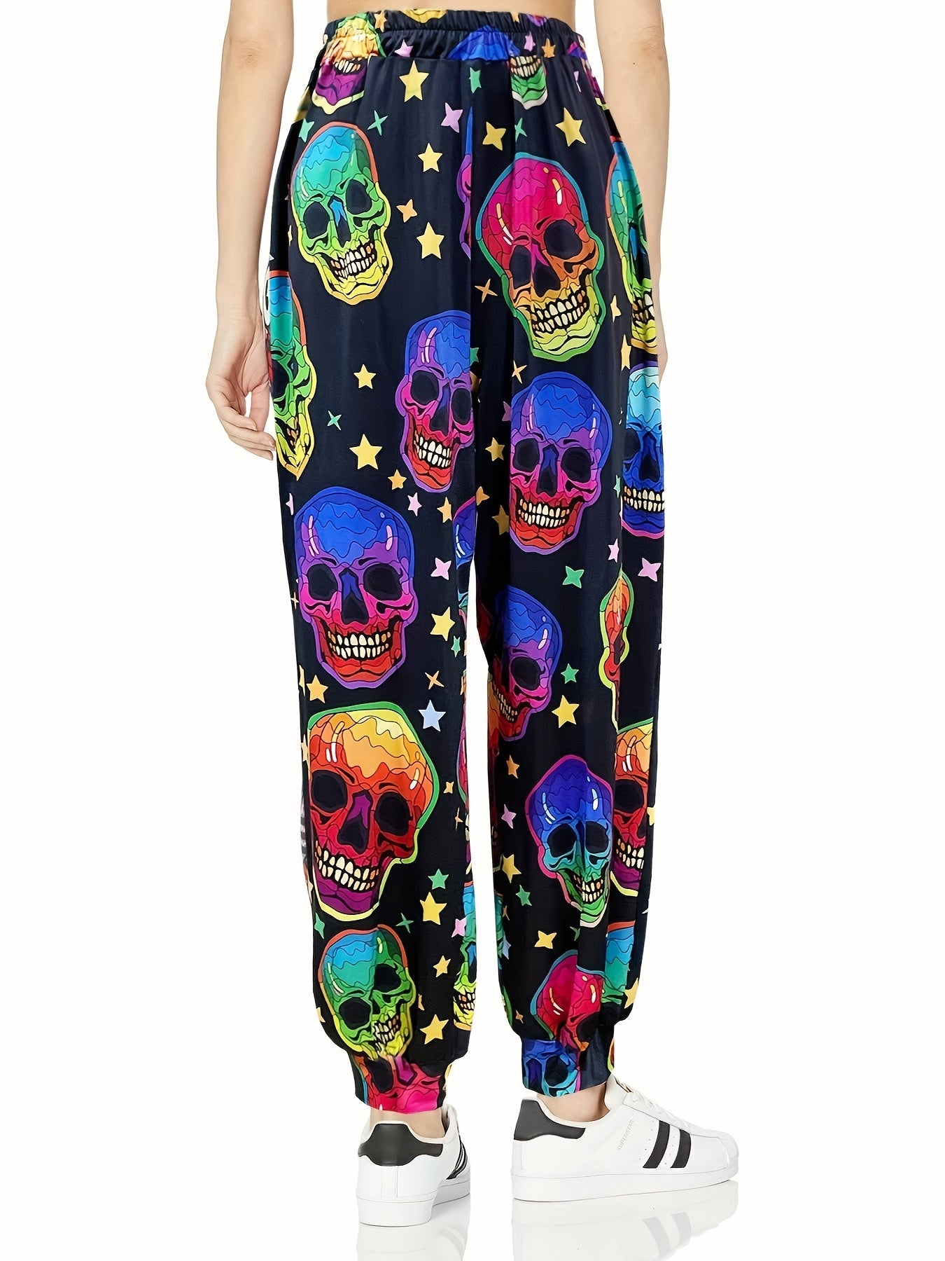 Skull Print Elastic Tapered Goth Pants Plus Size