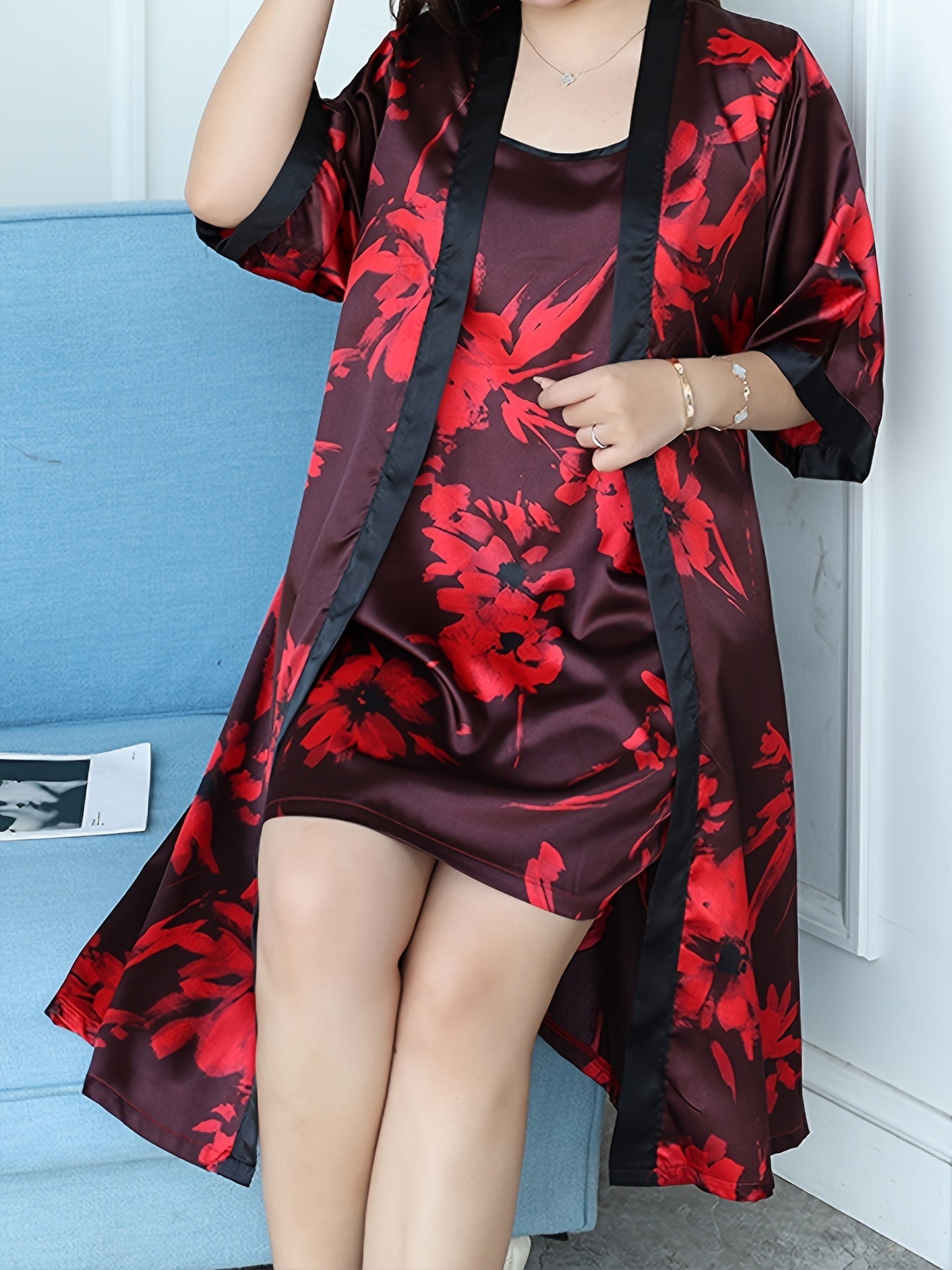  Floral Print Satin Nightgown Set