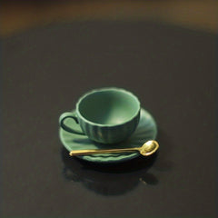 Dollhouse Coffee Cup Set with Golden Spoon and Plate